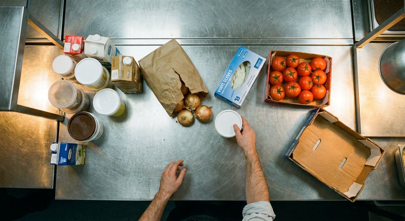 Overhead view of a just-arrived delivery spread across a stainless bench to be checked in, with a pair of hands entering the frame.