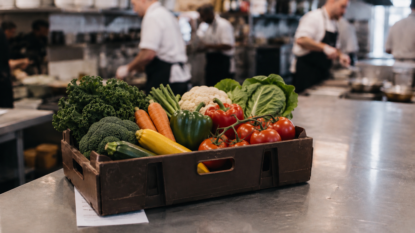 A crate of fresh produce delivered to a commercial kitchen, on the stainless bench during service prep