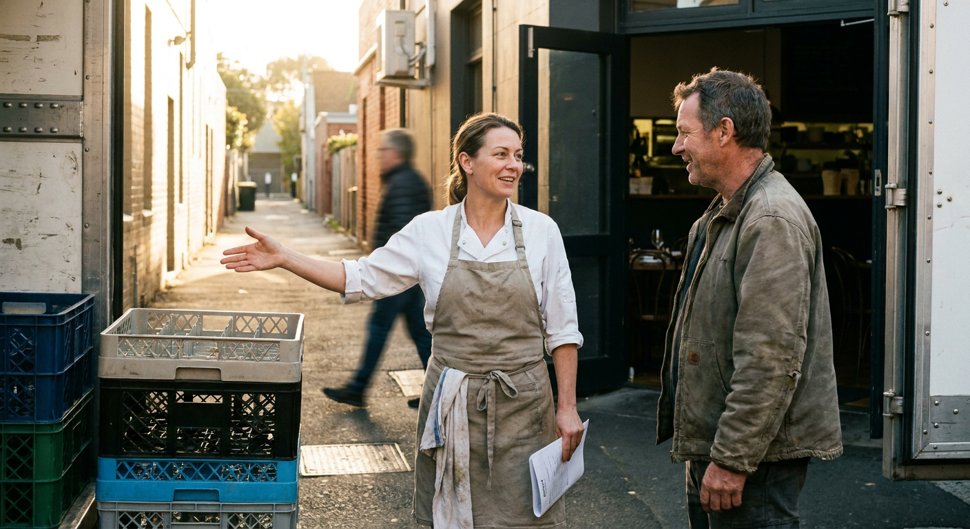 A head chef and a delivery driver talking at the back door of a venue, crates stacked between them in the late afternoon light.