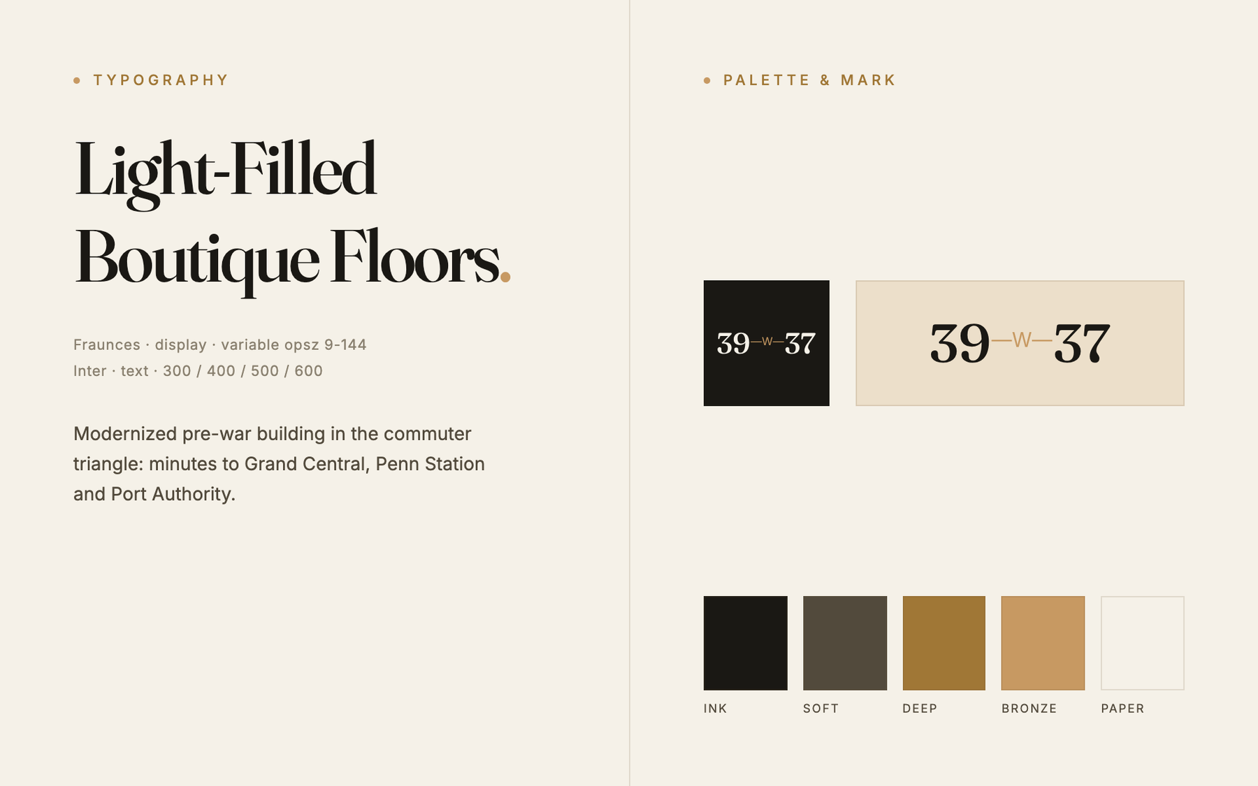39 West 37th Street brand elements: a Fraunces and Inter type specimen beside the square lockup and the five-colour bronze-on-paper palette