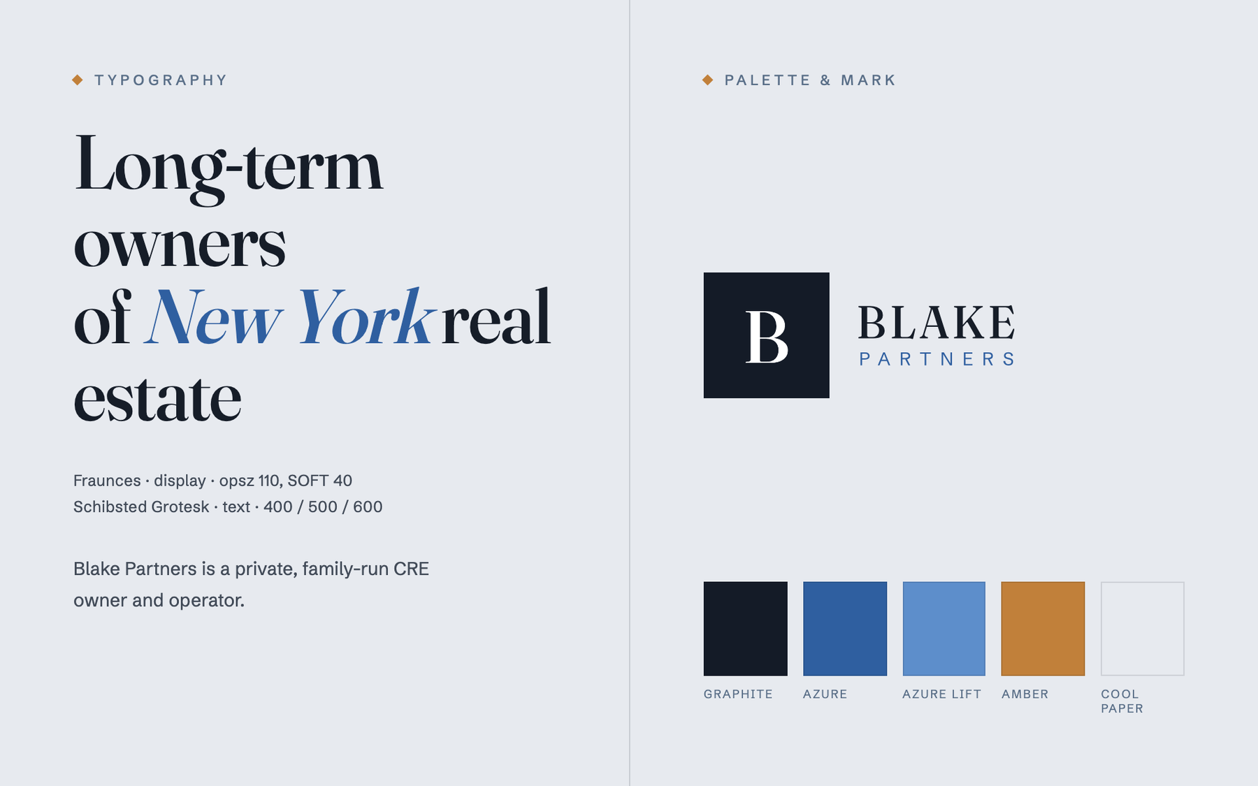 Blake Partners — brand elements: type specimen, mark and palette
