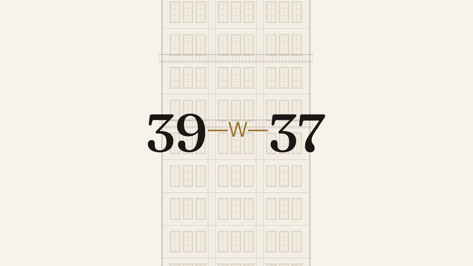 The 39 West 37th Street wordmark in ink over a faded architectural elevation drawing of the building's facade