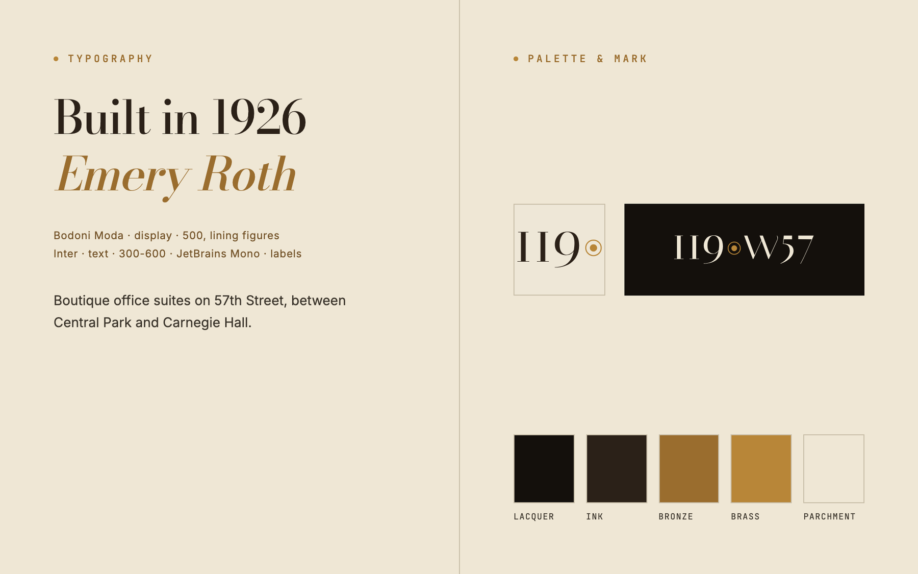 119 West 57th Street brand elements: a Bodoni Moda type specimen beside the square lockup and the five-colour bronze-on-parchment palette
