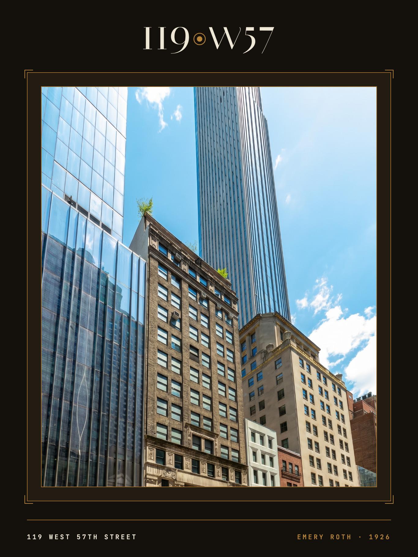 The 119 West 57th Street brand lockup above a brass-bracketed frame holding a streetscape photograph of the building, captioned Emery Roth 1926