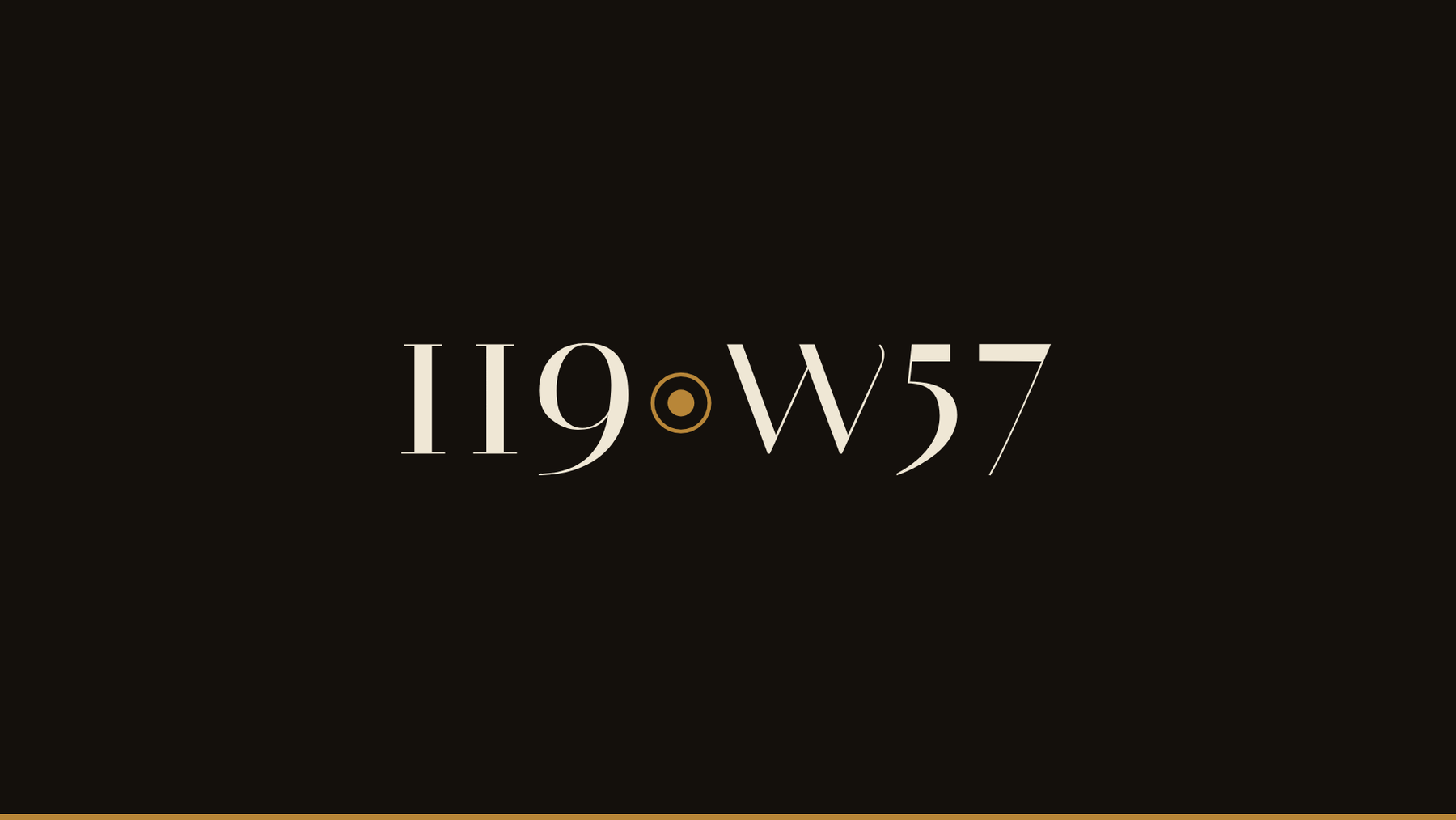 The 119 West 57th Street wordmark in parchment on the brand's lacquer ground, with a brass rule along the bottom edge