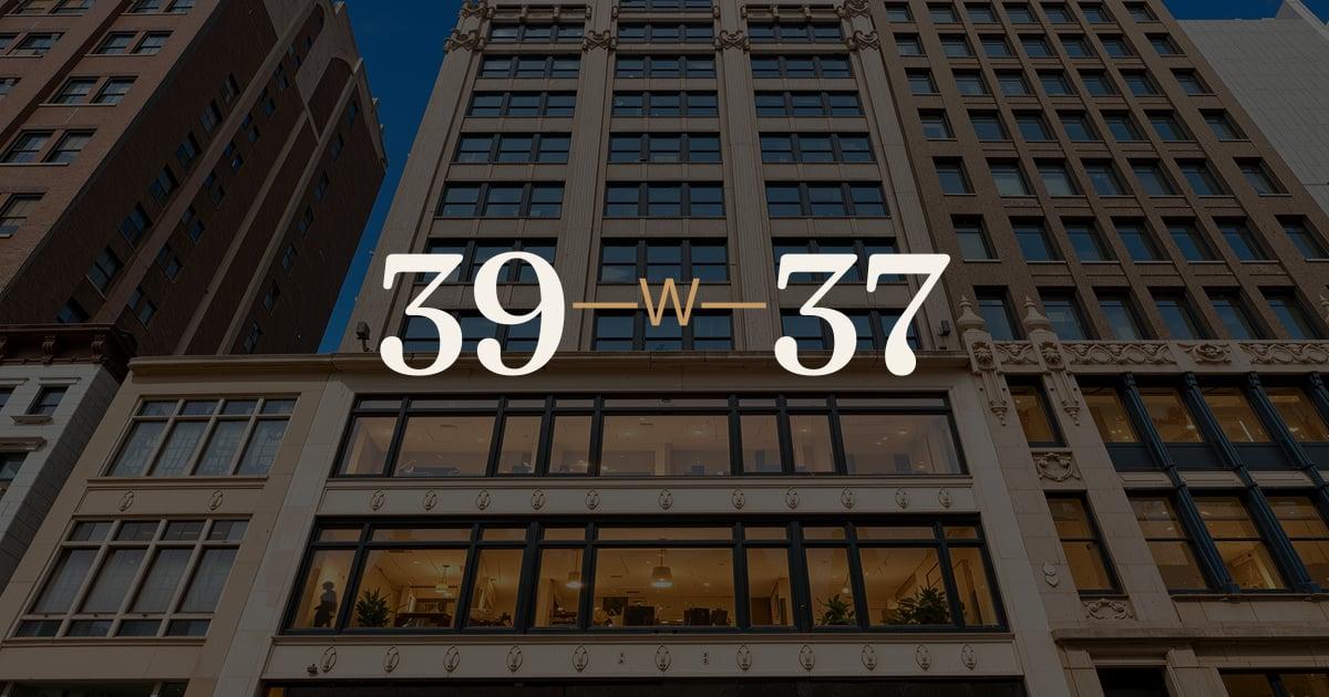 The 39 West 37th Street social share card: the building wordmark centred over a low-angle photograph of the illuminated facade