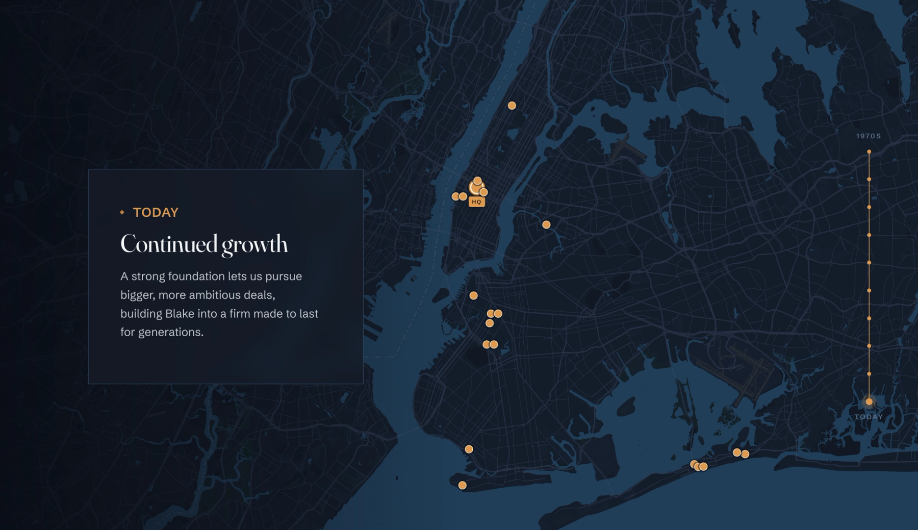 Blake Partners website — the scroll-driven map of the firm's New York holdings