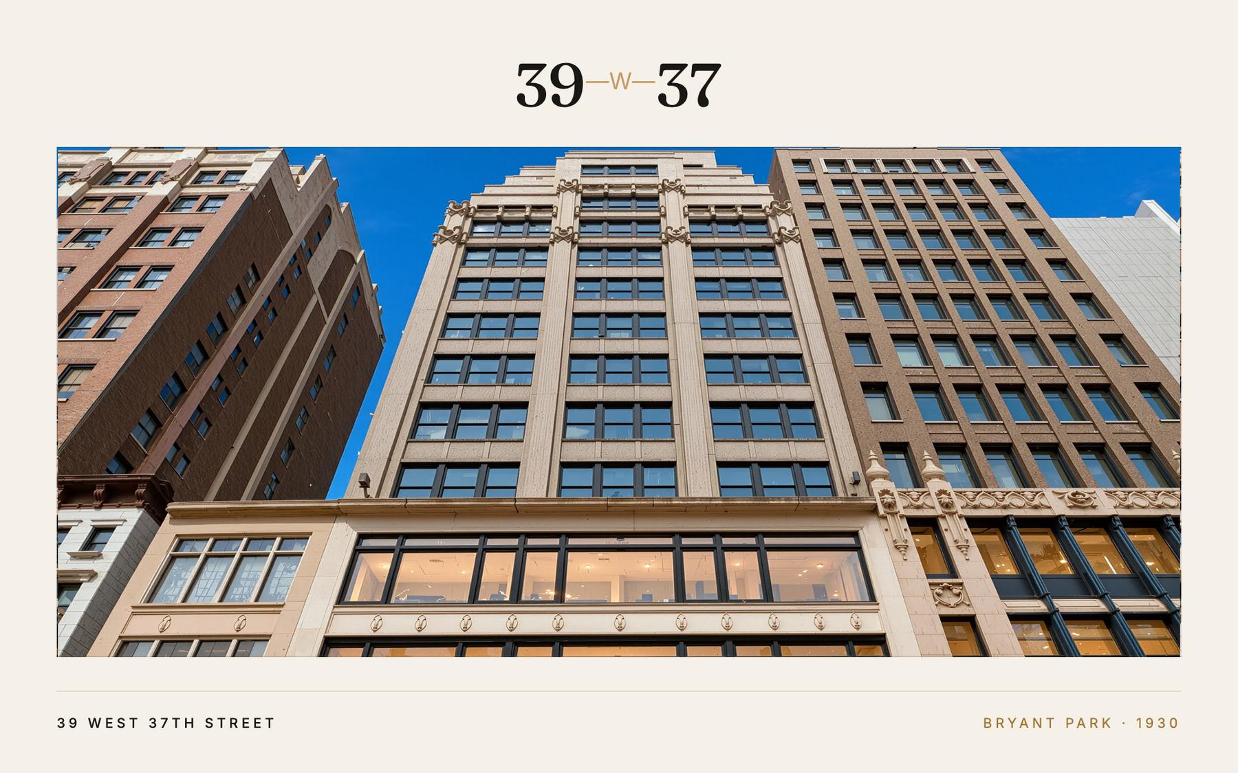 The 39 West 37th Street brand lockup above a hairline-framed photograph of the building's facade, captioned Bryant Park 1930