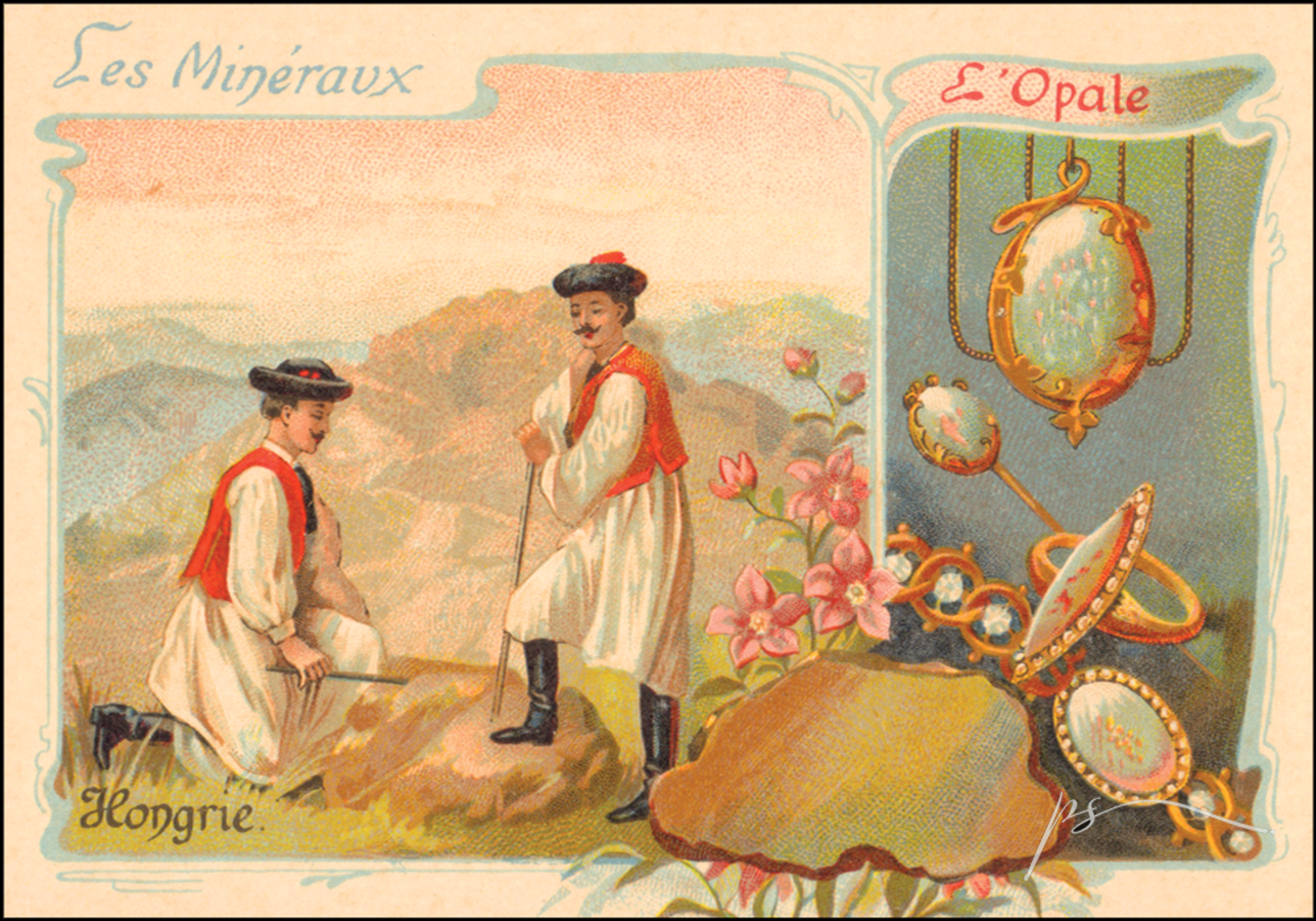 Historická chromolitografia tematicky venovaná uhorskému opálu (t.č. Slovenský opál)