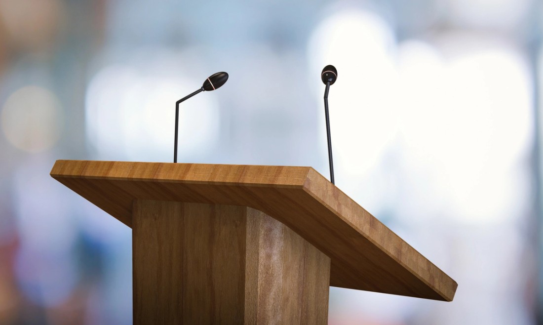 Podium with two microphones
