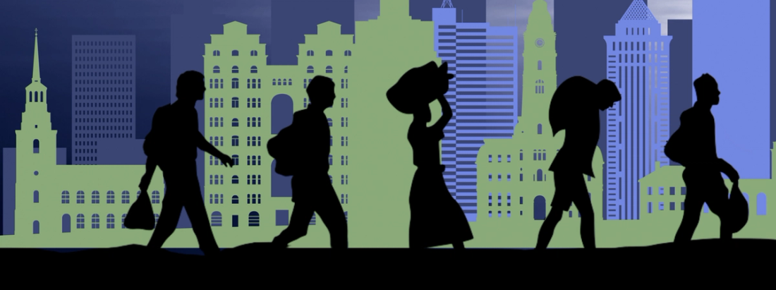 Displaced people walking in a city.