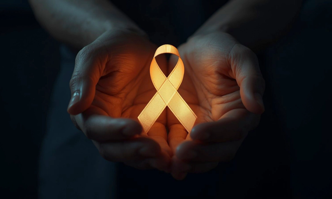 Two holds holding yellow pediatric cancer ribbon