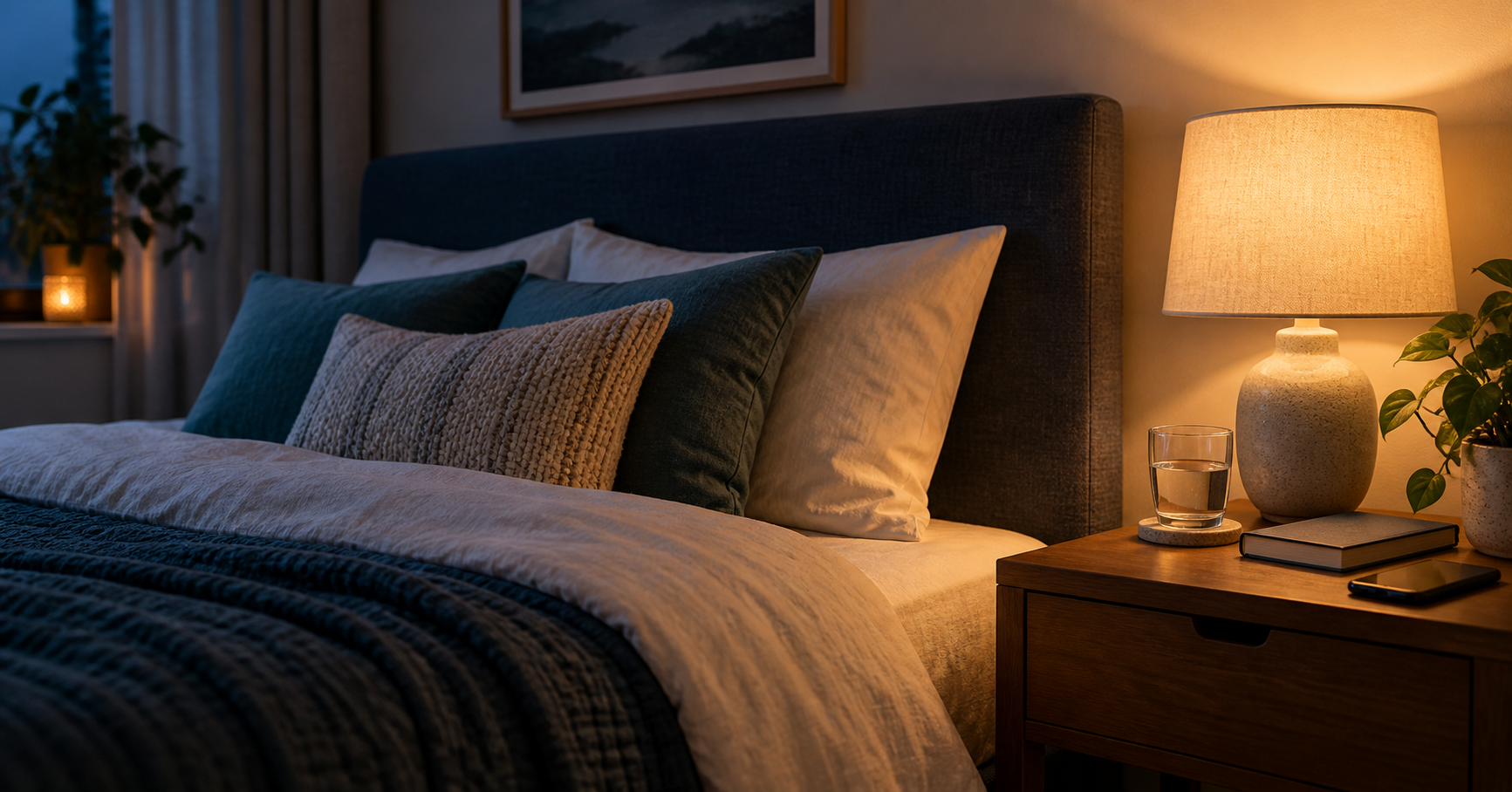 Calm bedroom with a neatly made bed, bedside lamp, closed book, water glass and phone placed face down.