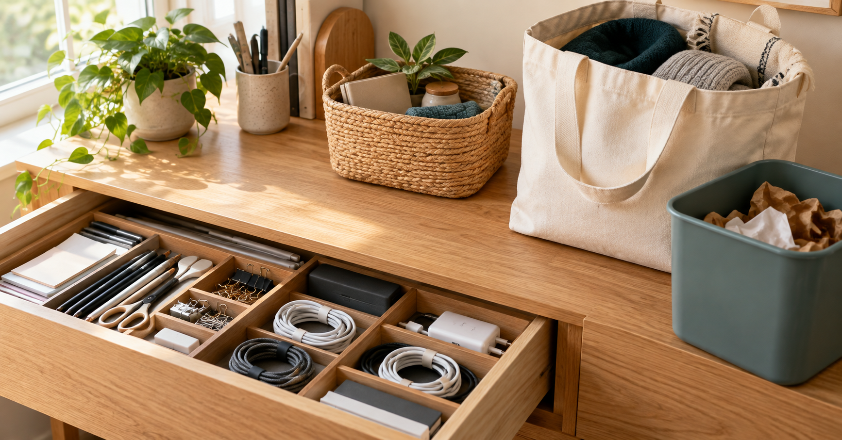 Open drawer with neatly sorted stationery and cables beside a donation tote, recycling container and keep basket.