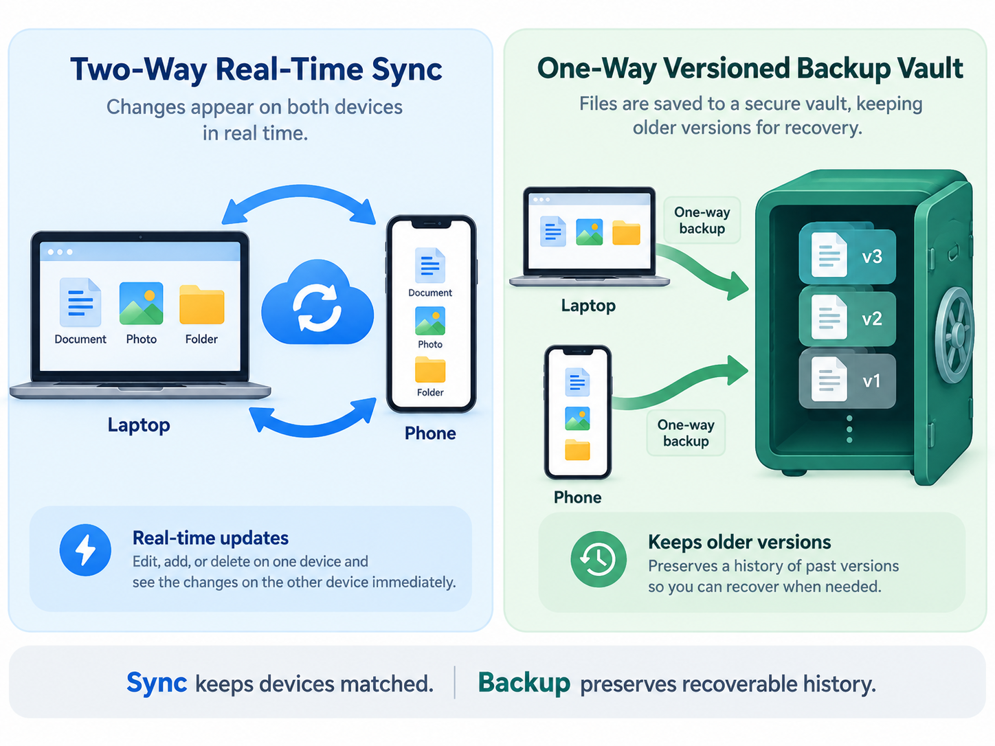 Diagram comparing two-way cloud synchronization across devices with an isolated versioned backup copy