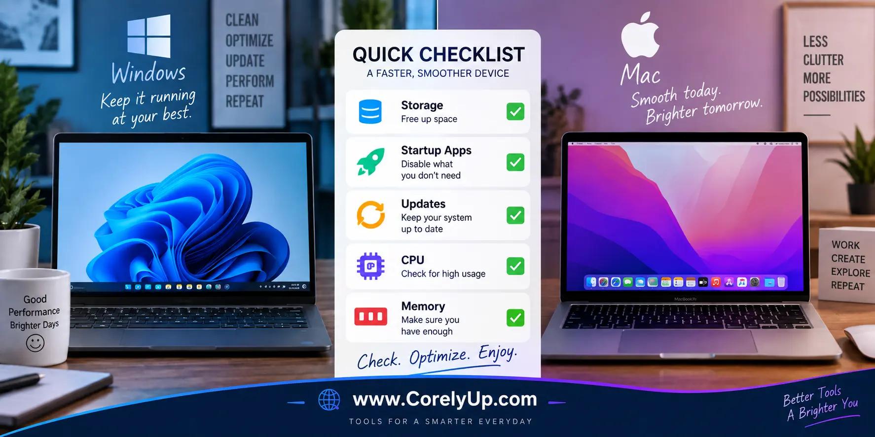 Windows and Mac laptops beside a checklist for storage, startup apps, operating system updates and memory use.