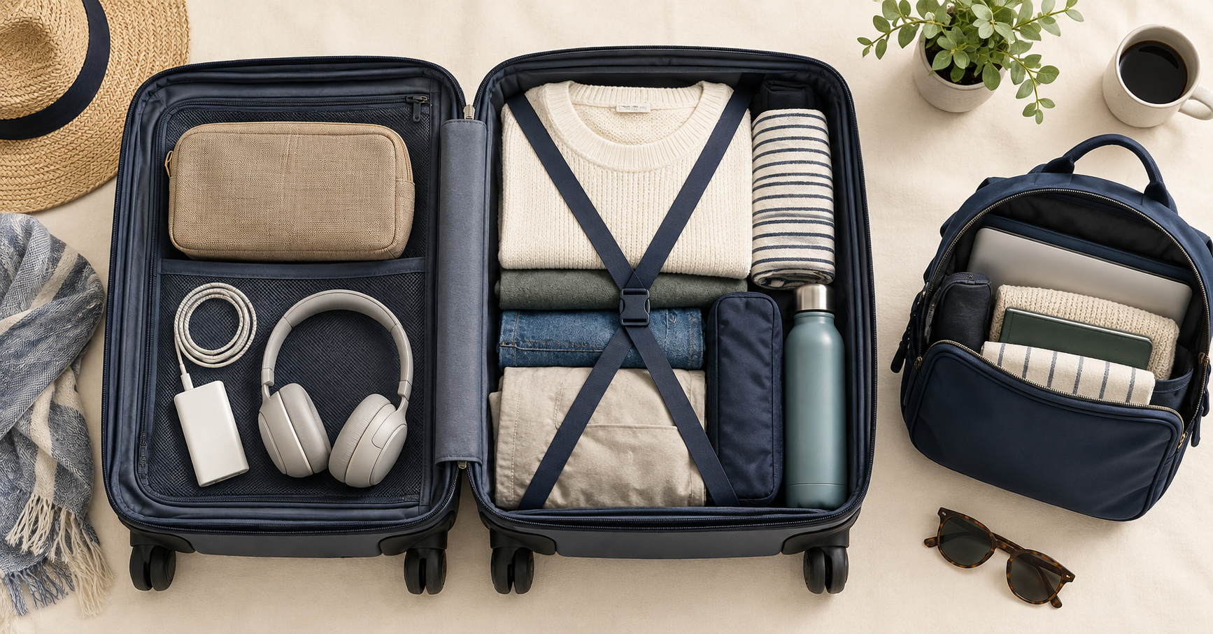 Open carry-on suitcase with folded clothes, a toiletry pouch, headphones, charging cable and a personal bag.