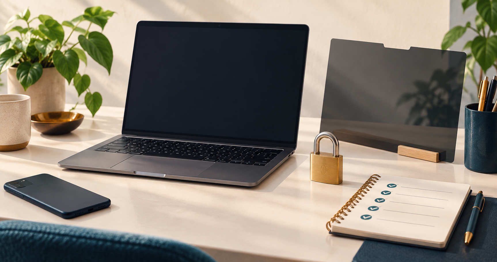 Unbranded laptop with a blank screen, a phone face down, padlock and privacy-screen sheet on a desk.