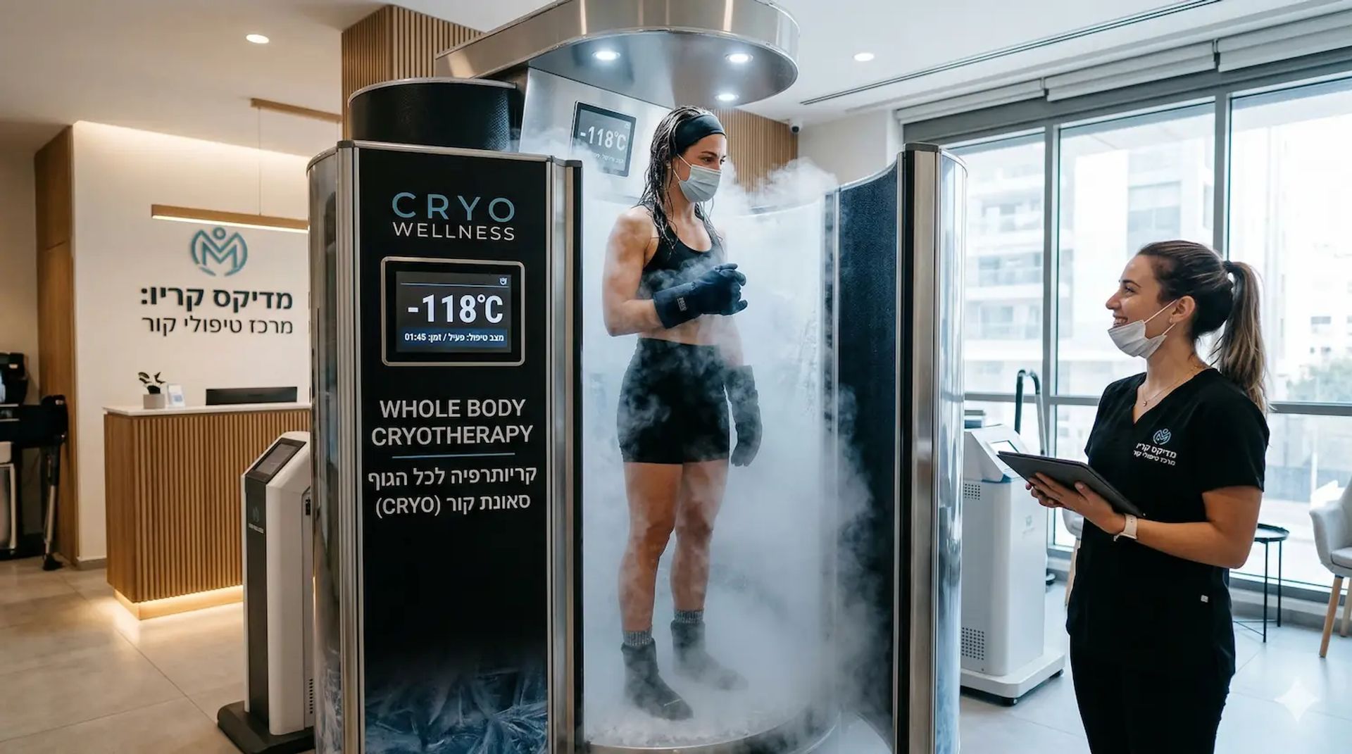 מטפלת ומטופלת בזמן טיפול קריותרפיה (סאונת קור)