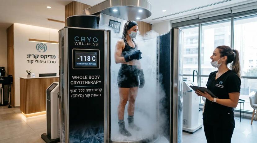 מטפלת ומטופלת בזמן טיפול קריותרפיה (סאונת קור)