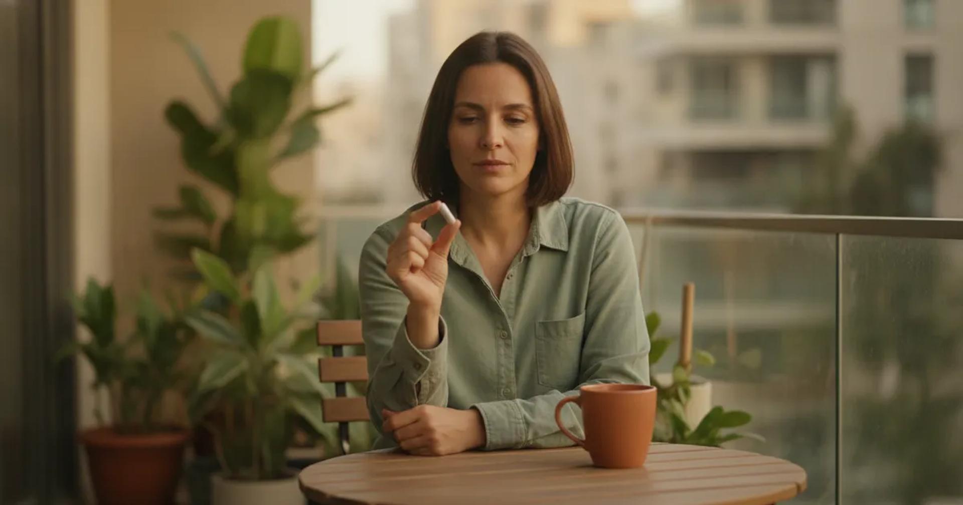 אישה בשנות ה-30 יושבת במרפסת דירה בתל אביב עם ספל תה ומחזיקה כמוסת אשווגנדה