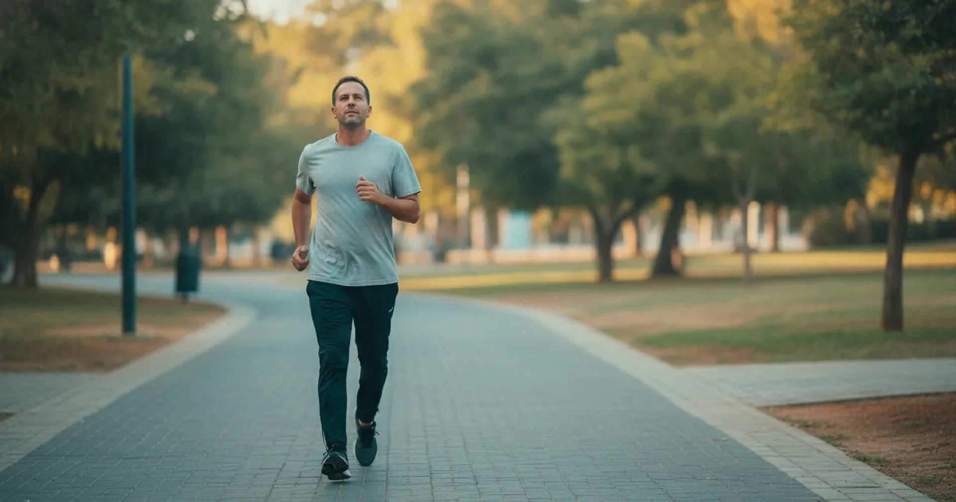 אדם בגיל 40 יוצא לריצה בוקר בפארק עירוני, כולסטרול ופעילות גופנית