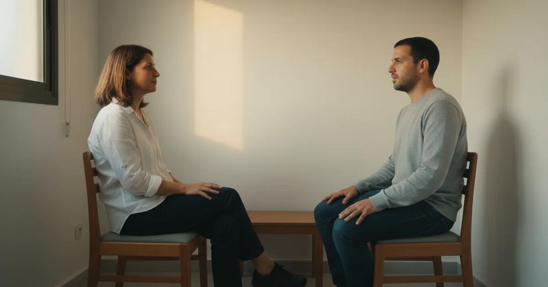 מטפלת משלימה ומטופל בפגישת ייעוץ ראשונה לטיפול בדיכאון וחרדה, חדר שקט בישראל
