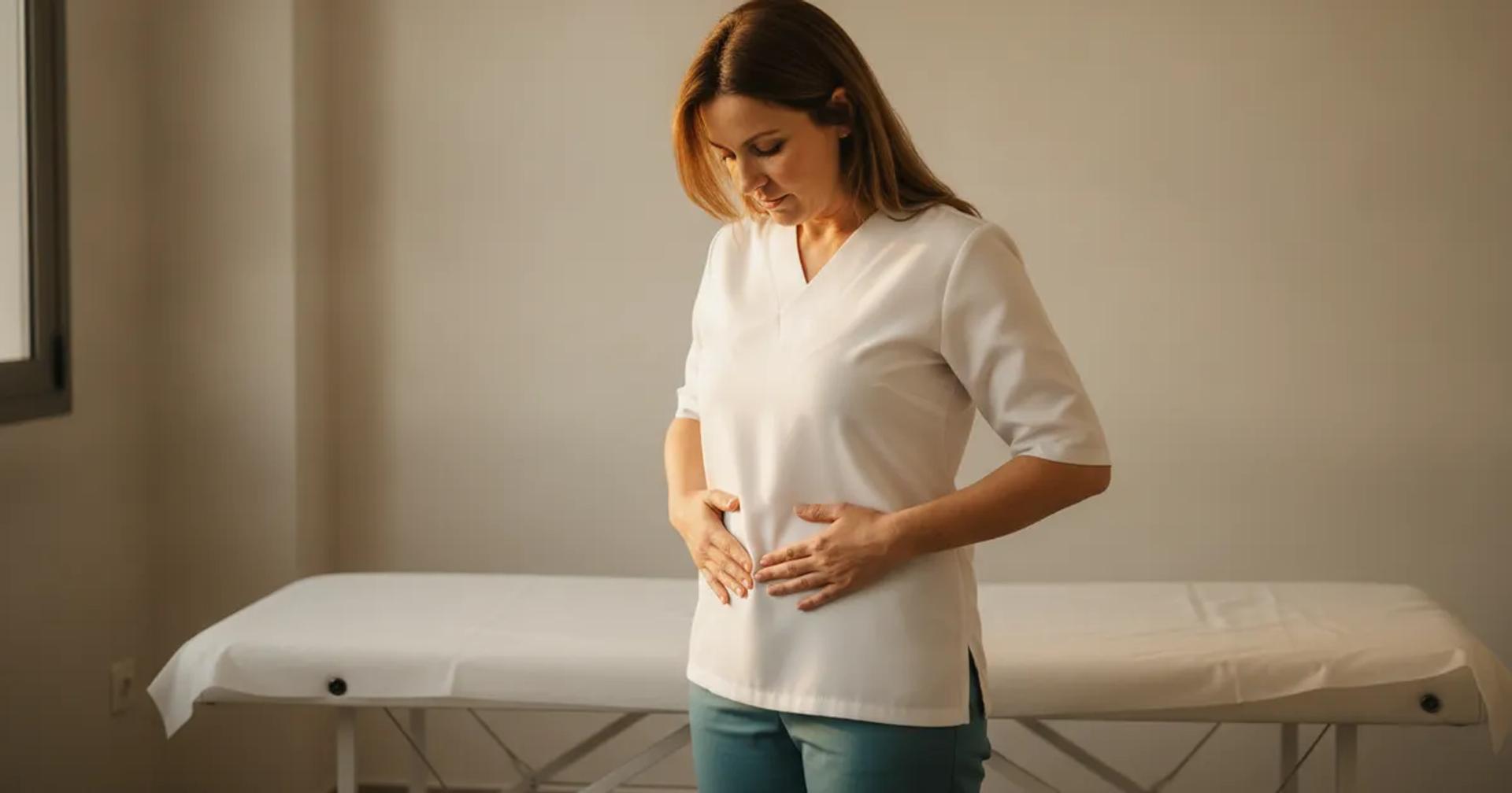 מטפלת מבצעת עיסוי לימפטי לבטן על שולחן טיפולים, לחץ עדין עם כפות ידיים