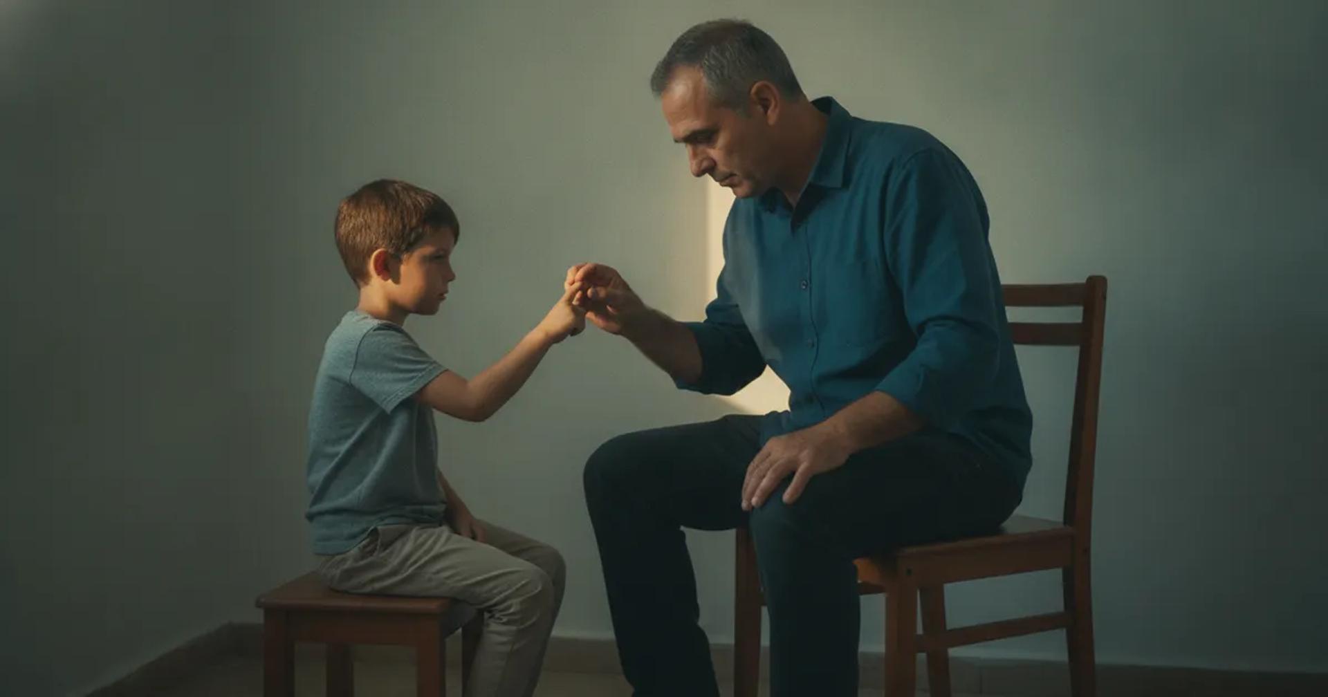 מטפל דיקור סיני יושב מול ילד קטן בחדר טיפולים בישראל