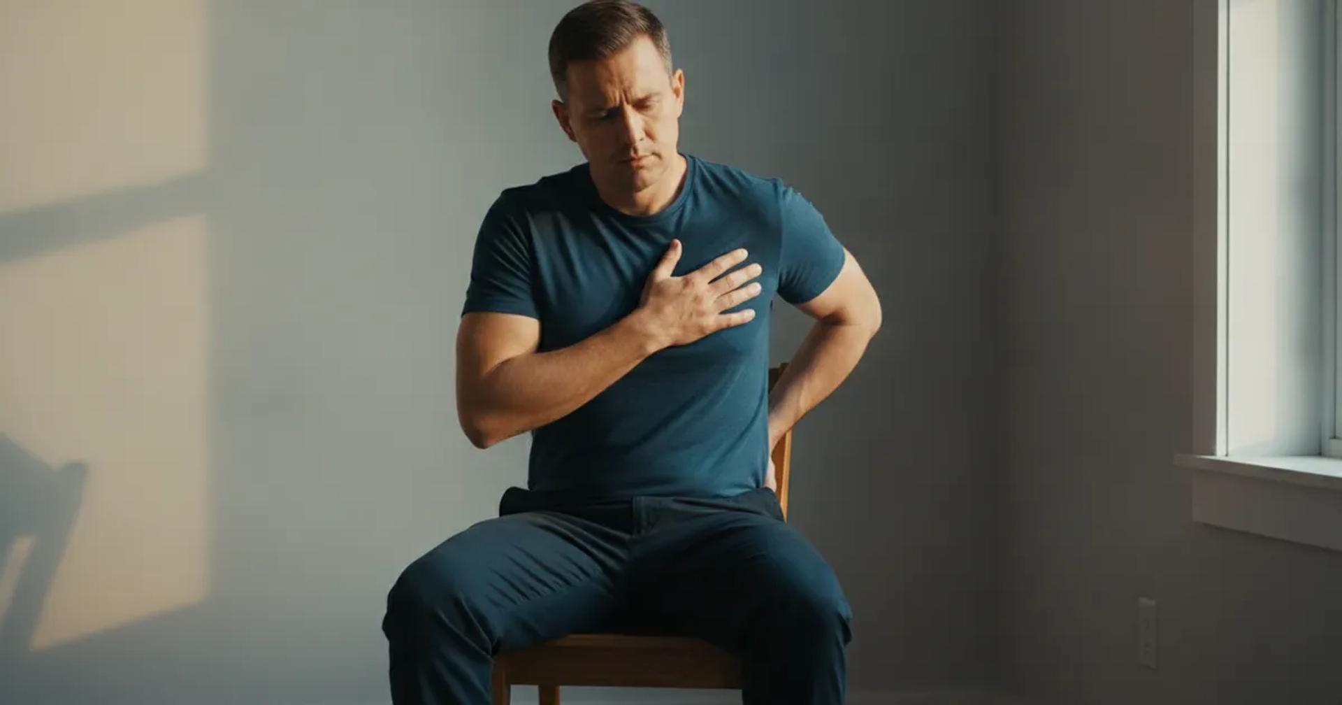 איש מחזיק את חזהו בכאב בזמן נשימה עמוקה, כאב גב עליון בנשימה עמוקה