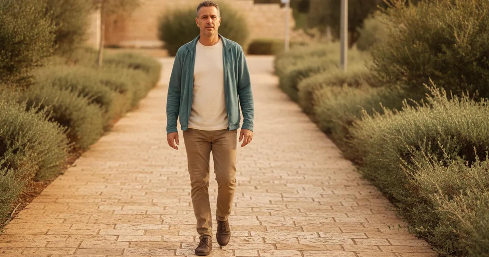 אדם בשנות ה-40 הולך לאט בפארק ירושלמי בשמש, בשלב ההחלמה משפעת