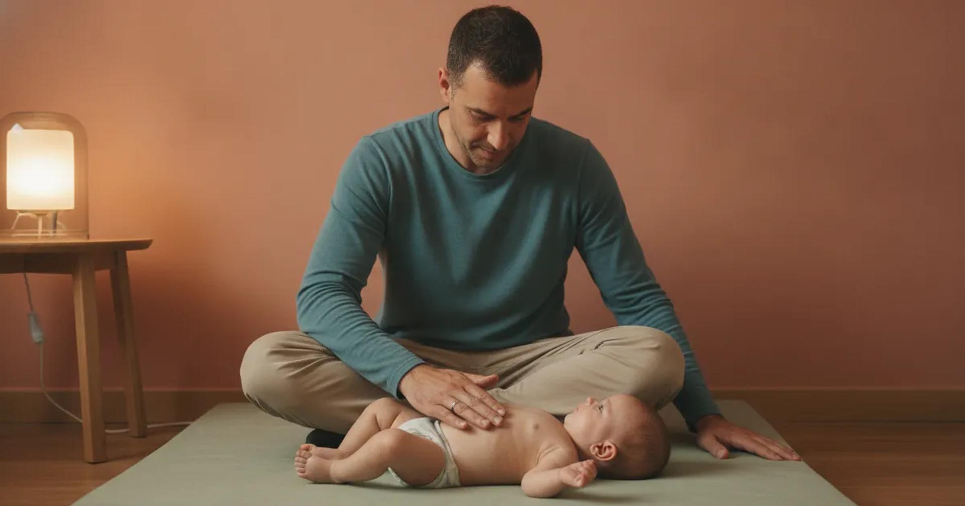 הורה מעסה תינוק שוכב על גבו, תנועות עיגול על הבטן, אור רך בחדר תינוק