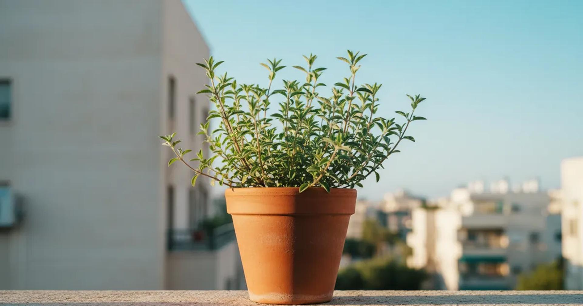 עציץ זעתר (Origanum syriacum) על מרפסת שטופת שמש בישראל