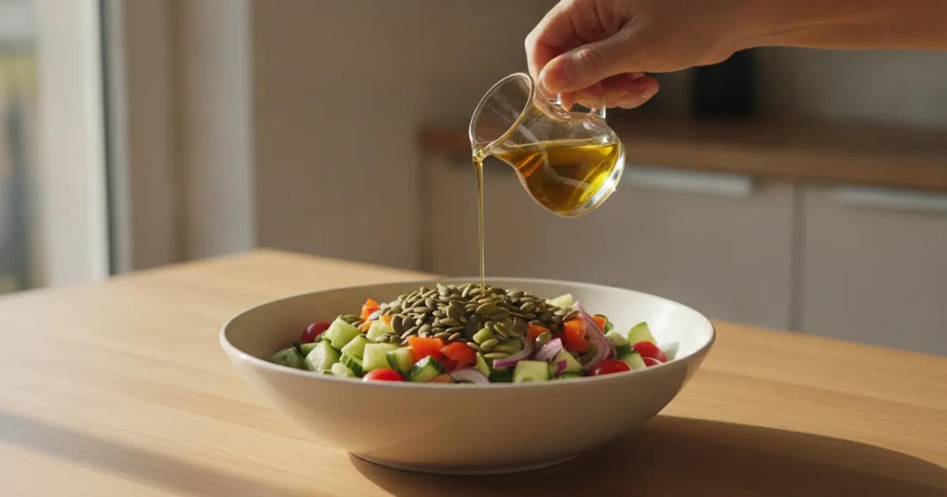 גרעיני דלעת ירוקים מפוזרים על קערת סלט ירקות טרי עם שמן זית על שולחן מטבח