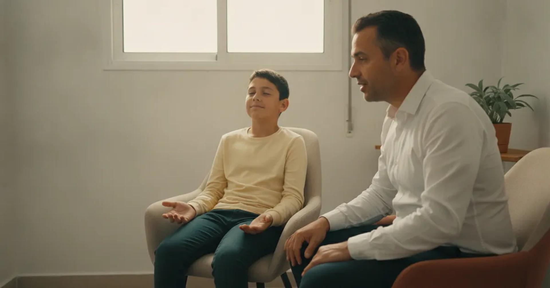 ילד בגיל בית ספר יושב עם מטפל ומדמיין סצנה, טיפול NLP לילדים בחדר בהיר