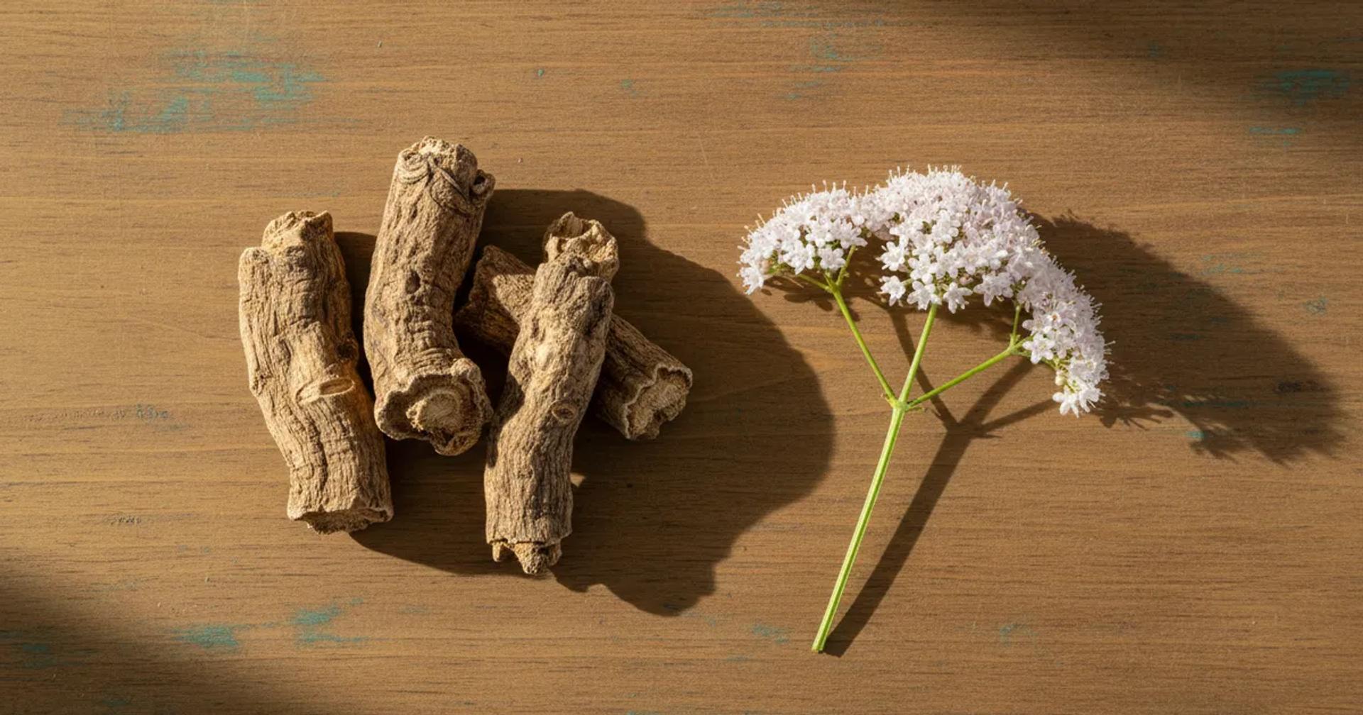 שורש ולריאן מיובש לצד פרחי Valeriana officinalis על רקע עץ טבעי