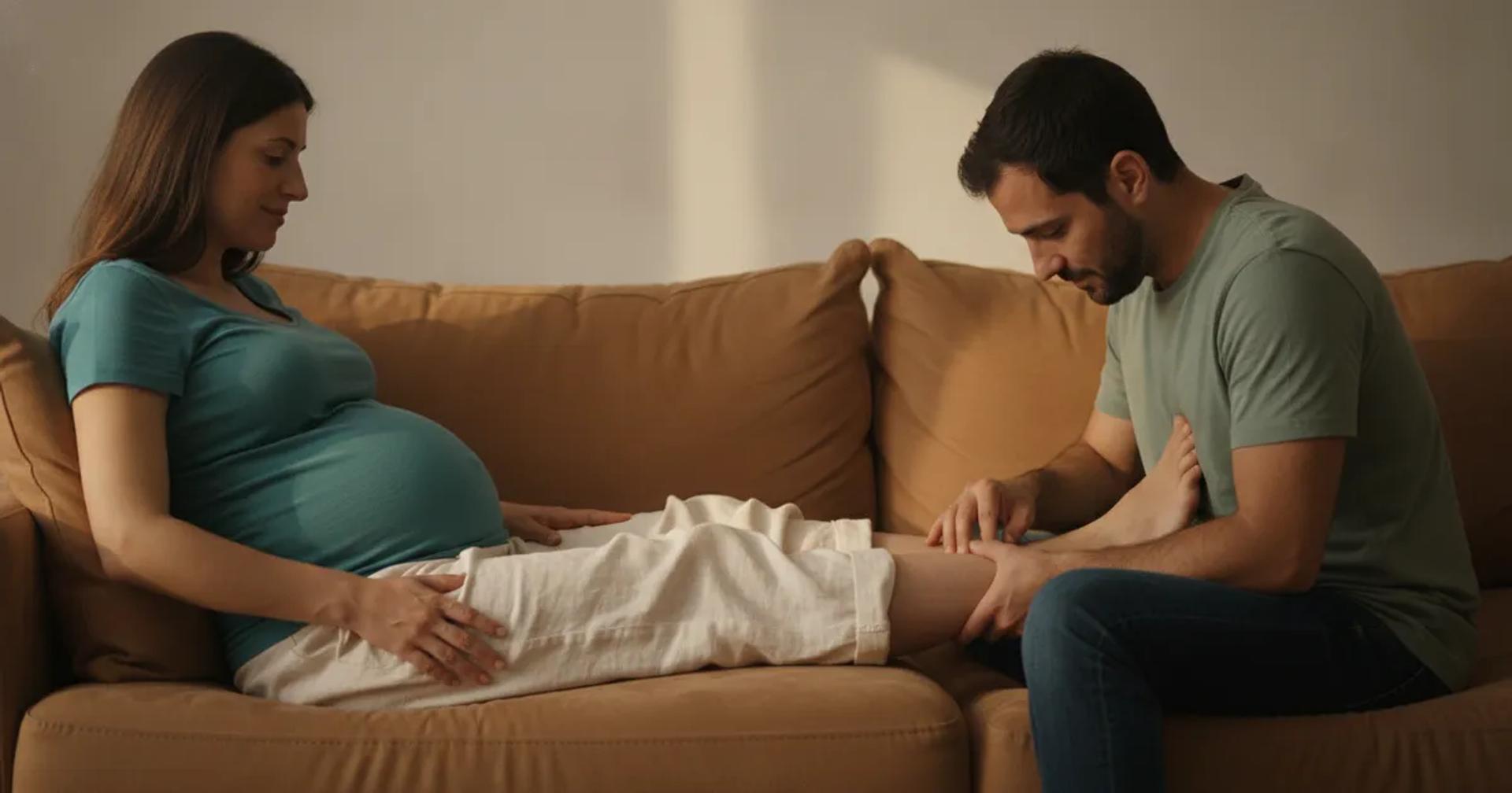 אישה בהריון בשנות ה-30 יושבת על ספה בסלון, בן זוגה מעסה לה את כפות הרגליים בעדינות