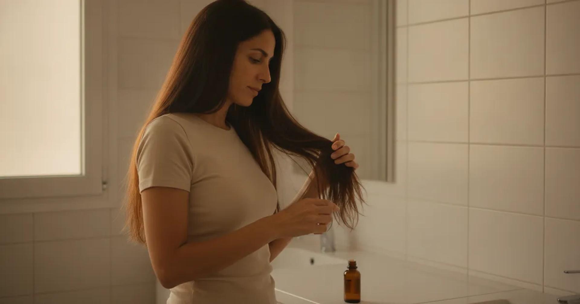 אישה בשנות ה-30 מורחת שמן קיק על קצות שיער ארוך בחדר אמבטיה