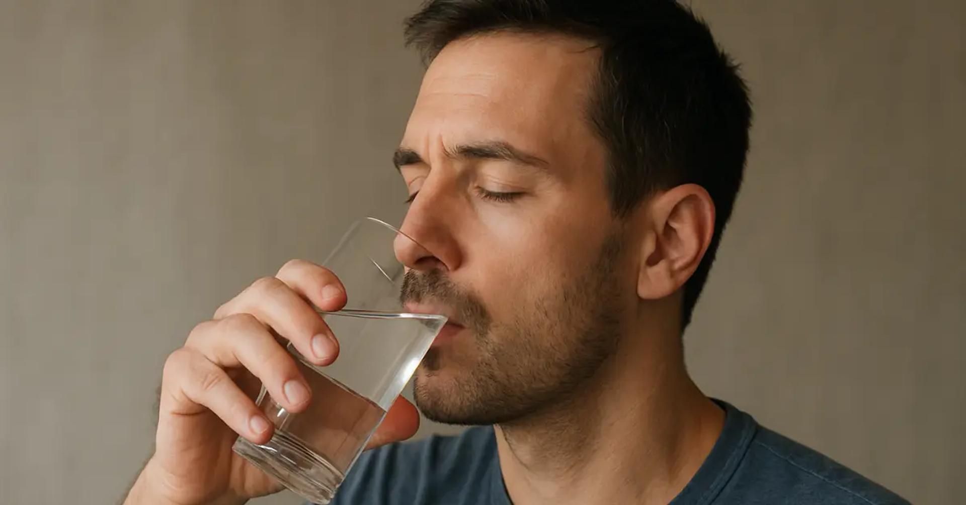 איש שותה מים מתוך כוס. מחשבון מים כמה מים לשתות ביום