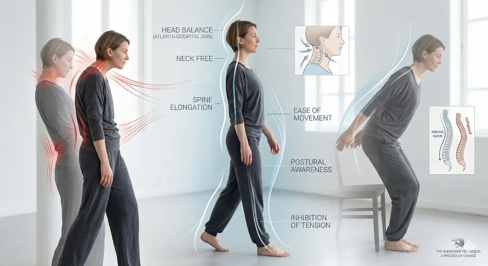 אילוסטרציה של שיטת אלכסנדר המתארת יציבה נכונה