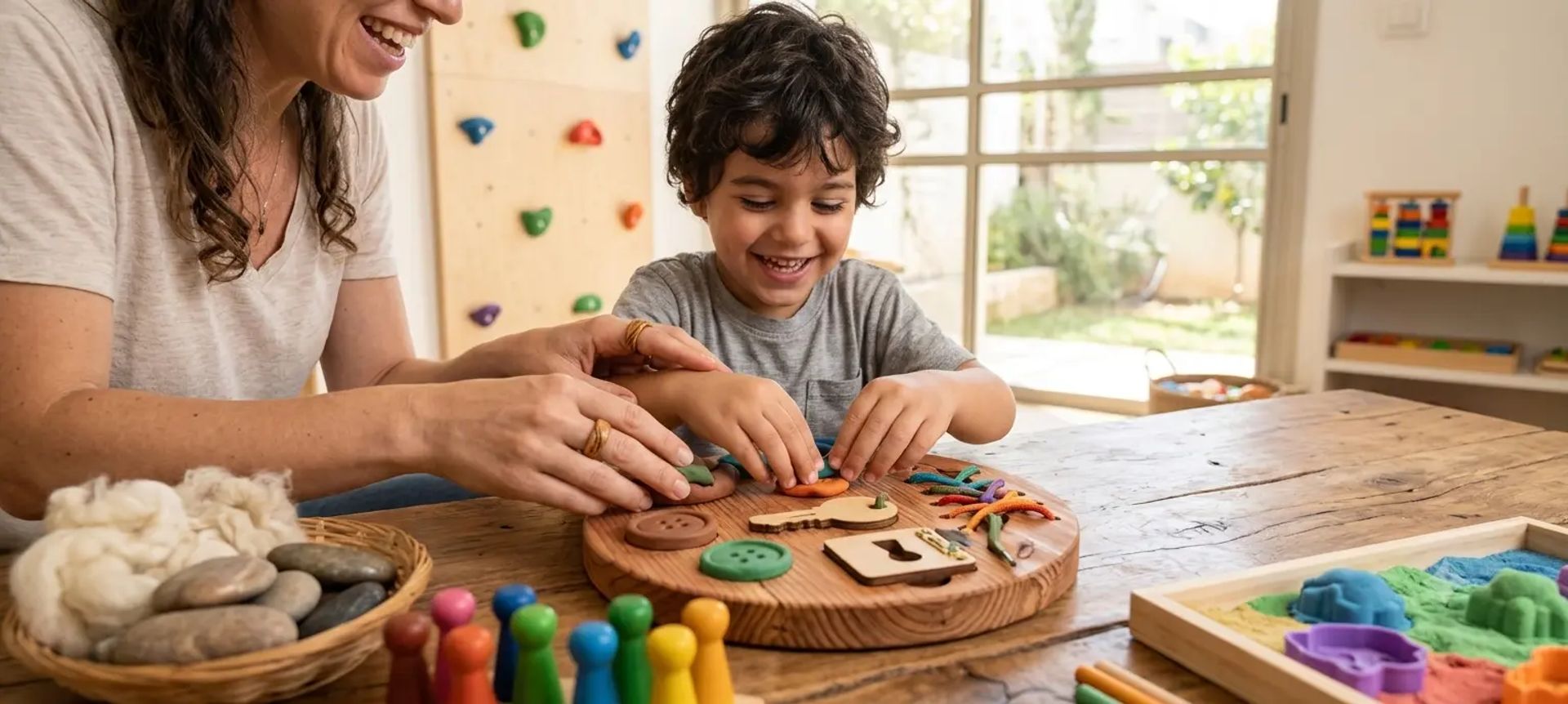 מטפלת בעיסוק מחייכת, המנחה ילד קטן בפעילות מוטורית מעשירה על לוח עץ ייעודי המשלב חומרים וצורות שונים.