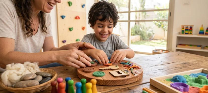 מטפלת בעיסוק מחייכת, המנחה ילד קטן בפעילות מוטורית מעשירה על לוח עץ ייעודי המשלב חומרים וצורות שונים.