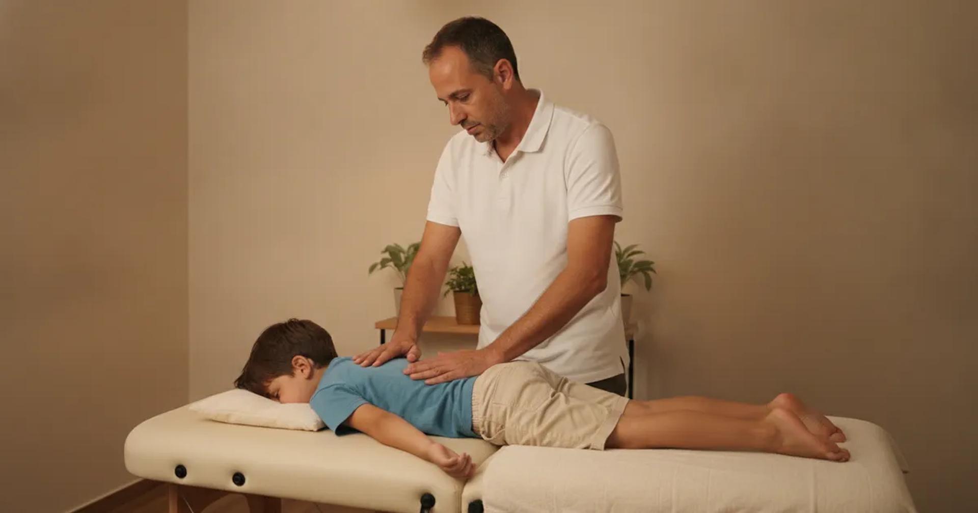 ילד בן כחמש שנים שוכב על מיטת עיסוי, מטפל מבצע עיסוי גוף לילדים בחדר שקט ומואר בעדינות