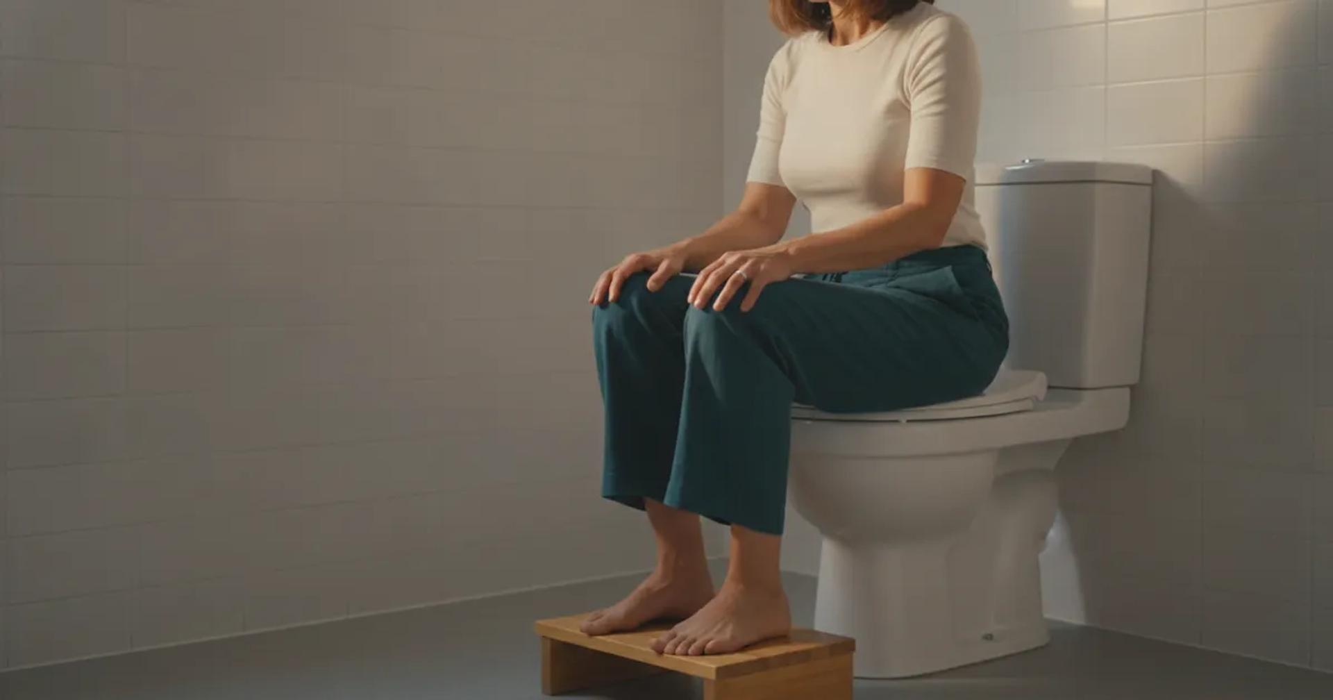 אישה מניחה שרפרף מתחת לרגליה על האסלה כדי לדמות תנוחת סקוואט לשחרור עצירות