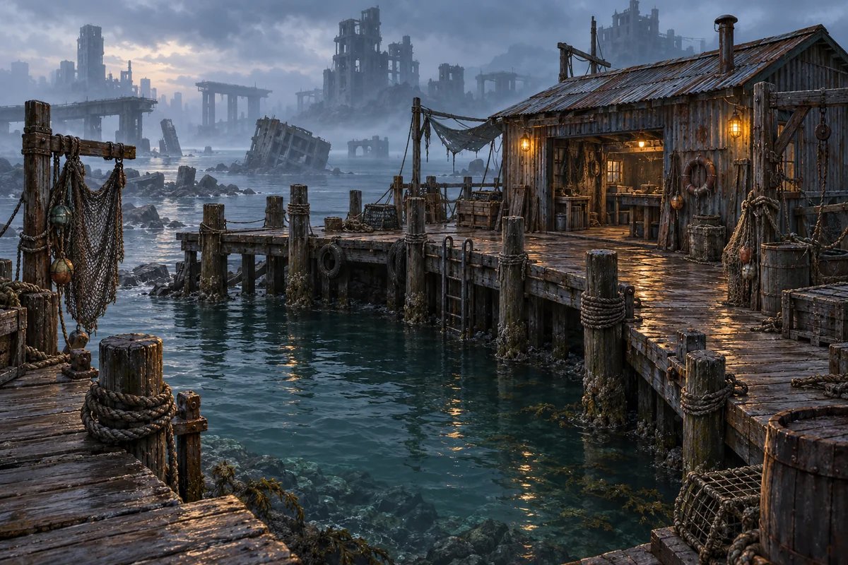 A weathered fishing shack, nets and timber jetty overlooking a ruined coastal city