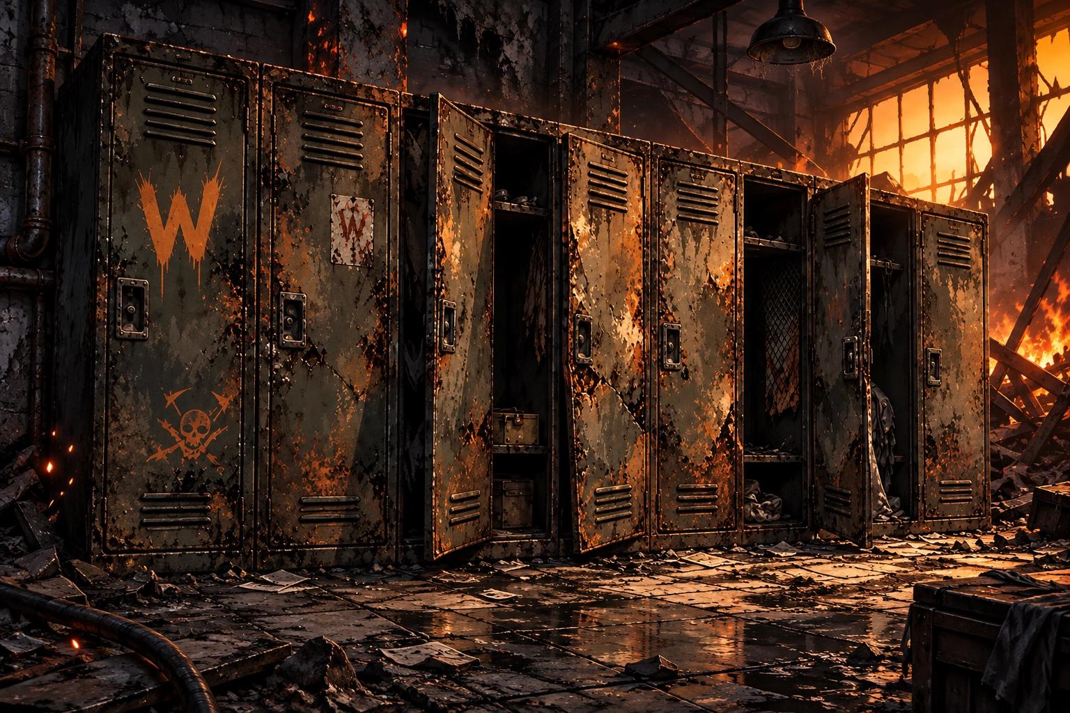 Battered scavenger lockers in a ruined industrial building in Halfworld