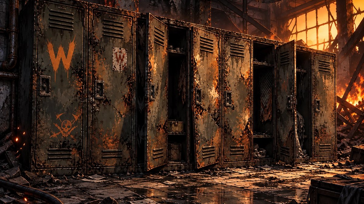 Battered scavenger lockers in a ruined industrial building in Halfworld