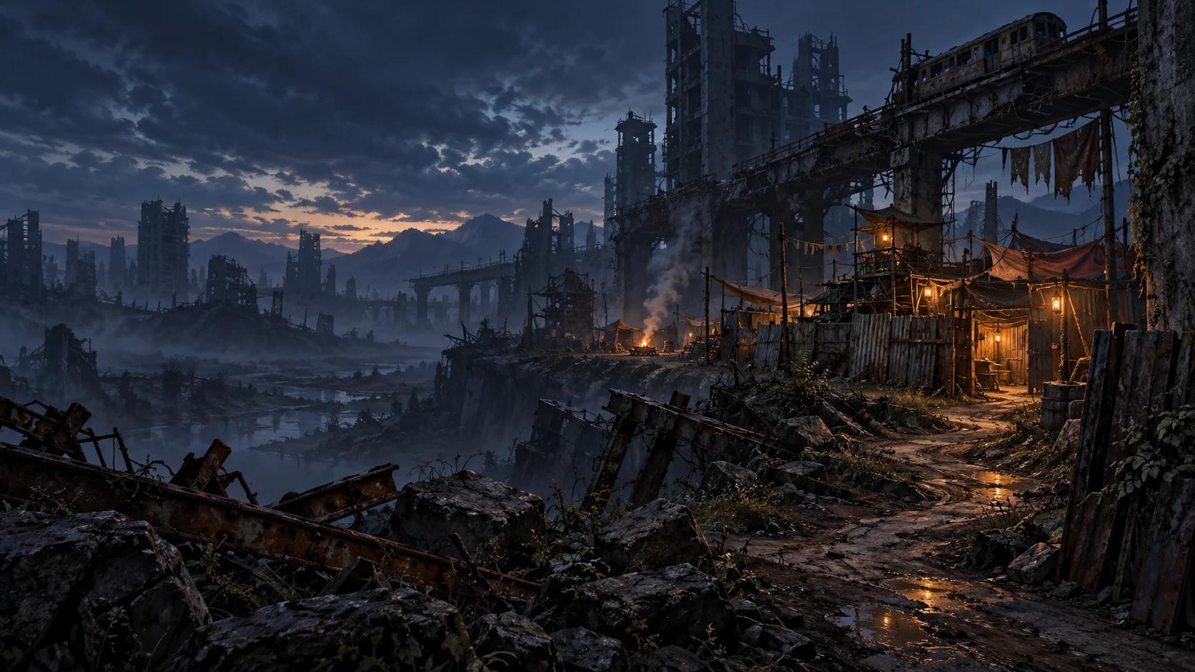A settlement built among ruined towers on the outskirts of Halfworld