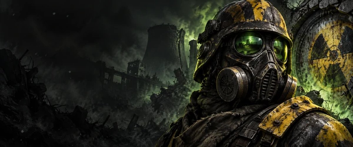 A masked Fallout Zero survivor in worn yellow containment armour against a green radioactive skyline