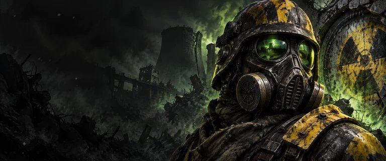 A masked Fallout Zero survivor in worn yellow containment armour against a green radioactive skyline